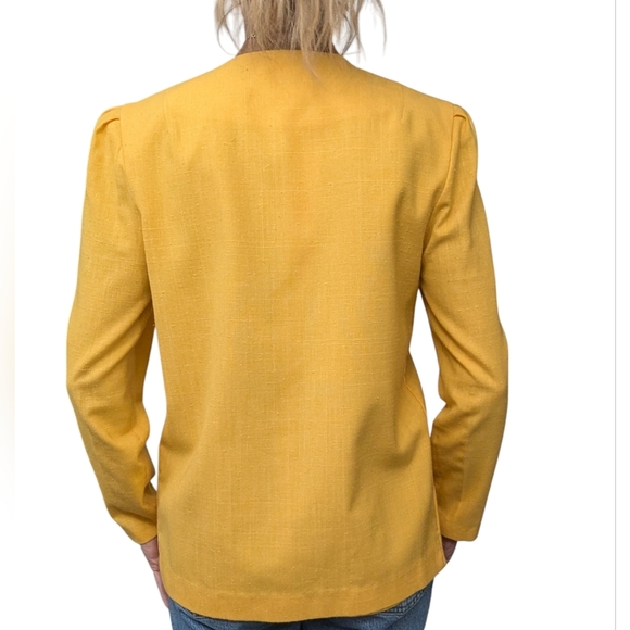 Vintage Retro Caron Chicago Linen Mustard Yellow Collarless Blazer Jacket - Picture 12 of 12